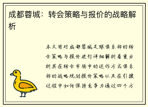 成都蓉城：转会策略与报价的战略解析