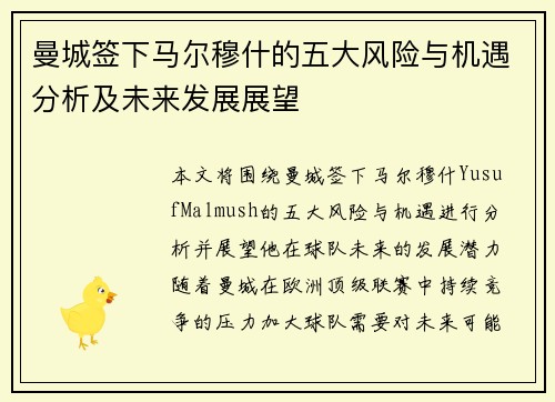 曼城签下马尔穆什的五大风险与机遇分析及未来发展展望