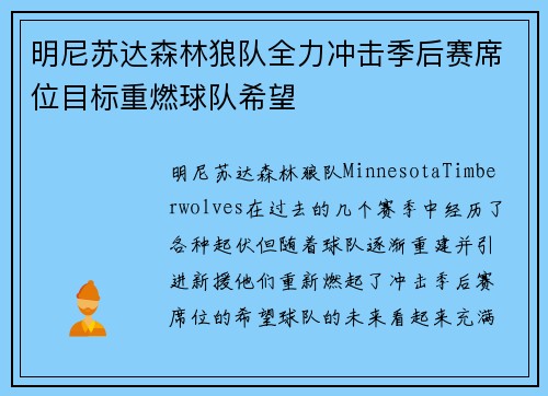 明尼苏达森林狼队全力冲击季后赛席位目标重燃球队希望 明尼苏达森林狼队全力冲击季后赛席位目标重燃球队希望