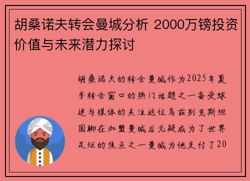 胡桑诺夫转会曼城分析 2000万镑投资价值与未来潜力探讨